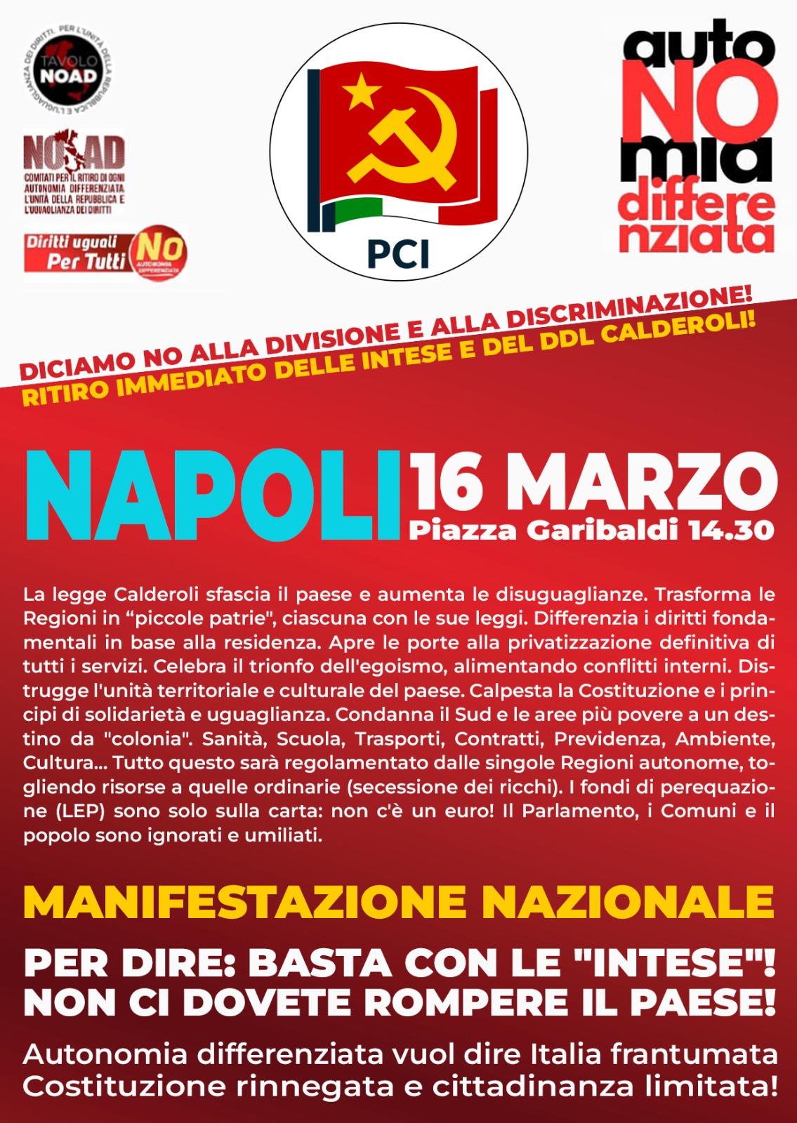 Il PCI presente alla manifestazione a Napoli contro l’autonomia differenziata